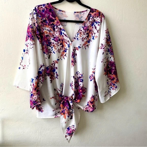 LAST CHANCE SALE!Floral Print Colorful Boho Front Tie Blouse Wide Kimono Sleeves - Picture 7 of 10